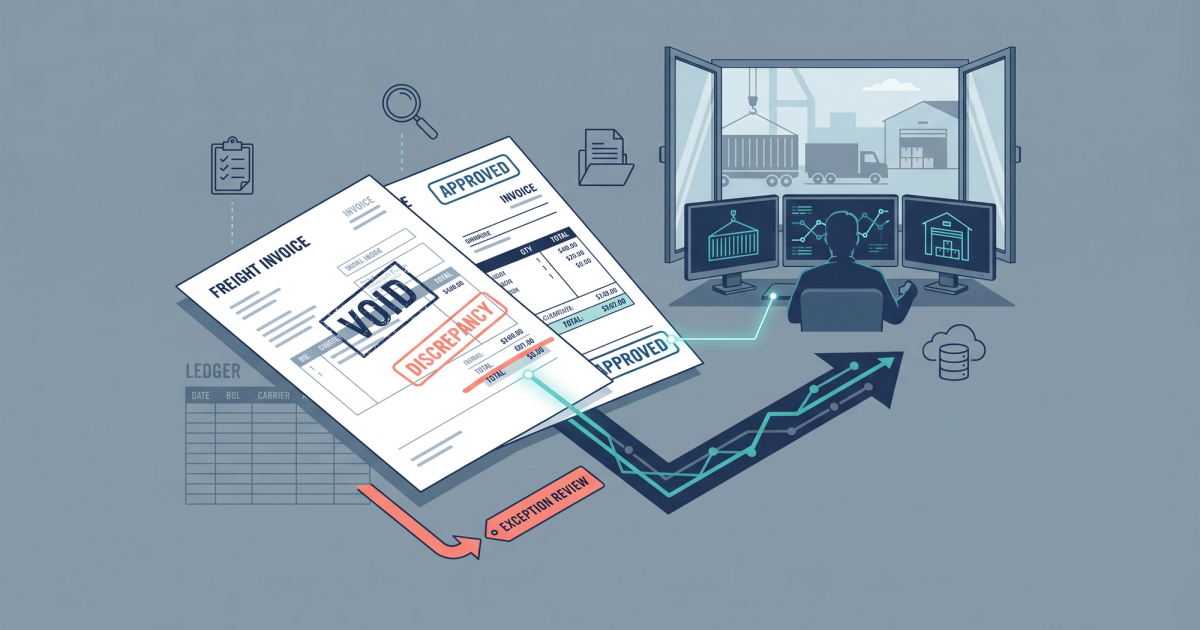 Freight logistics operations desk with rate con documents, BOL, and invoice comparison for audit preparation