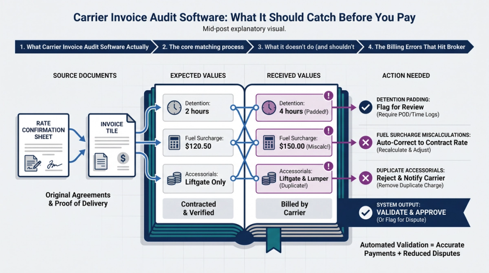 Diagram showing how carrier invoice audit software matches invoices against rate confirmations and flags errors