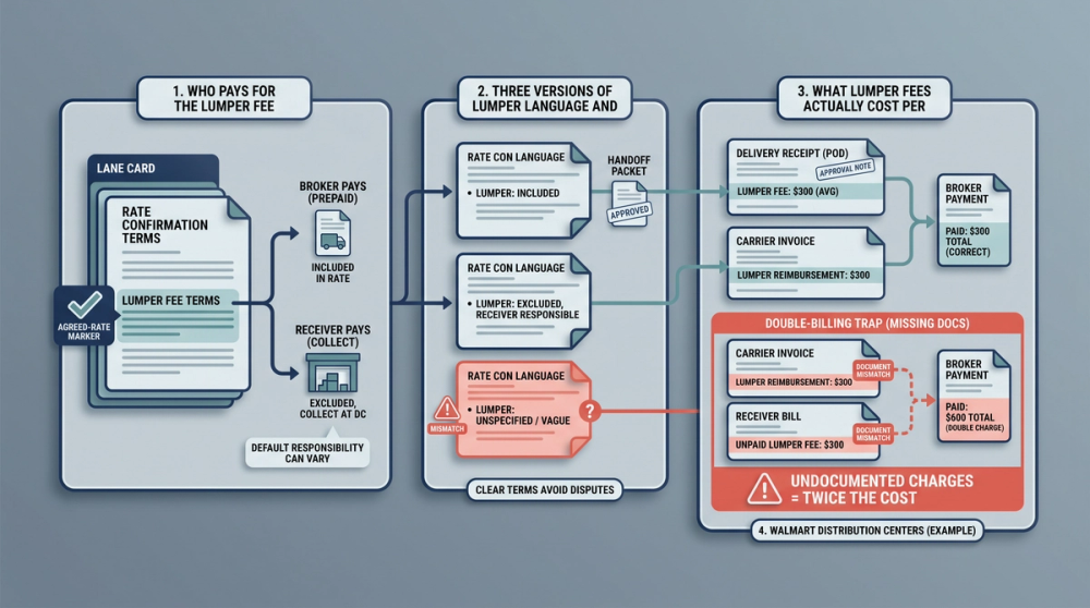 Diagram comparing three rate confirmation lumper fee clauses and their billing implications for freight brokers