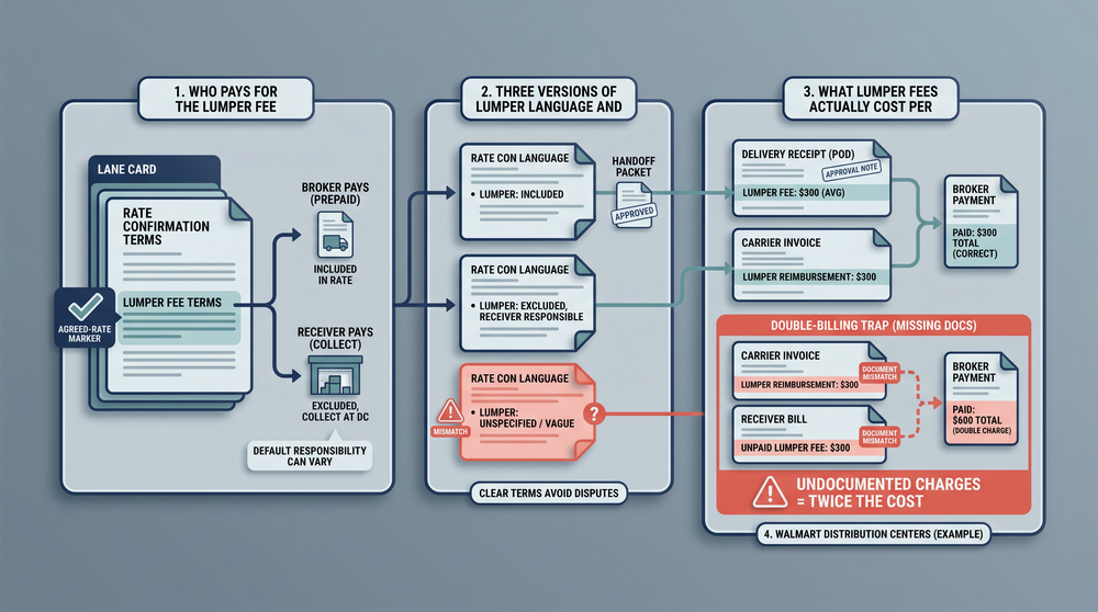 Diagram comparing three rate confirmation lumper fee clauses and their billing implications for freight brokers