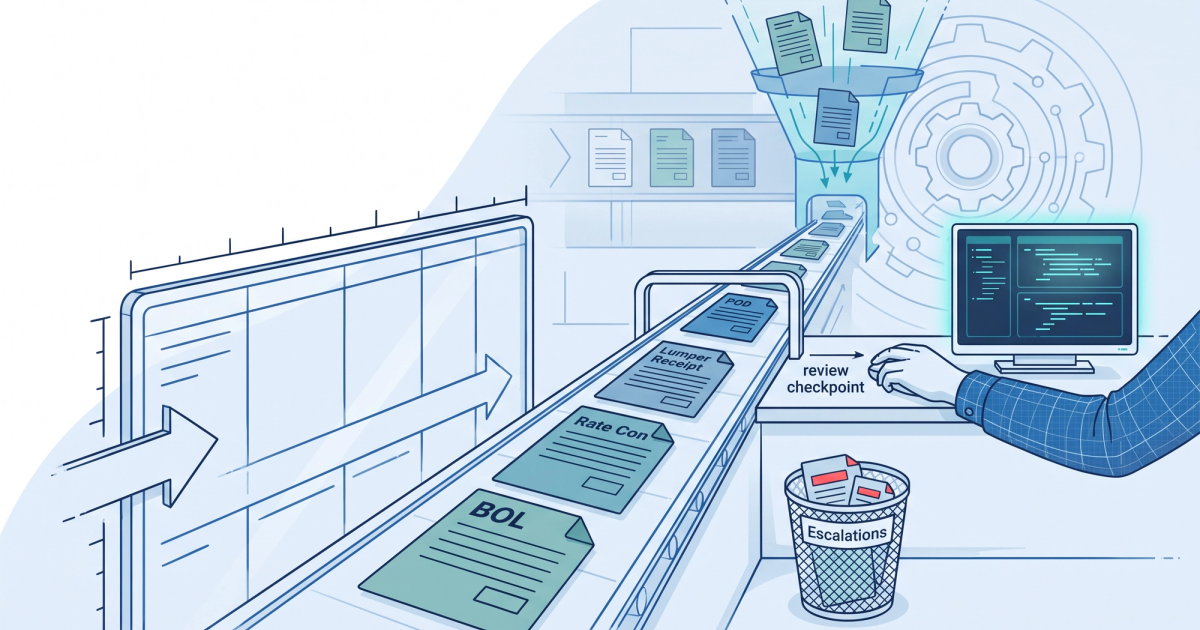 Freight logistics illustration showing document flow from BOL to invoice reconciliation