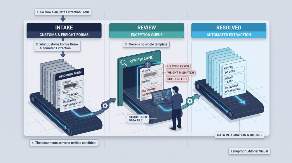 Diagram showing customs and freight document data flowing through OCR extraction, field validation, exception queue, and TMS entry
