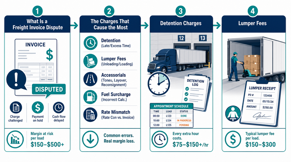 Step-by-step diagram showing the 48-hour freight invoice dispute resolution process from detection to carrier response