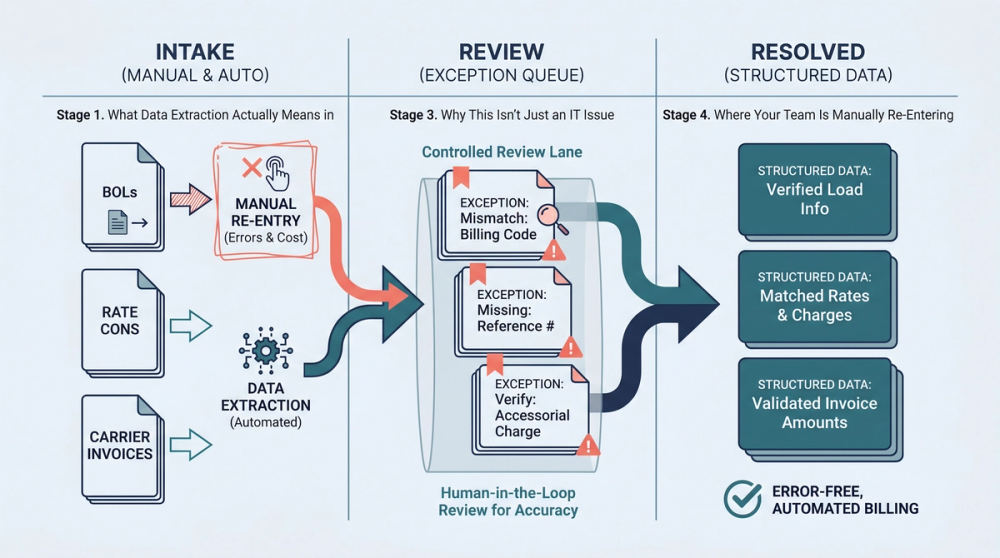 Diagram showing a freight document extraction workflow from paper BOL to TMS entry with error checkpoints