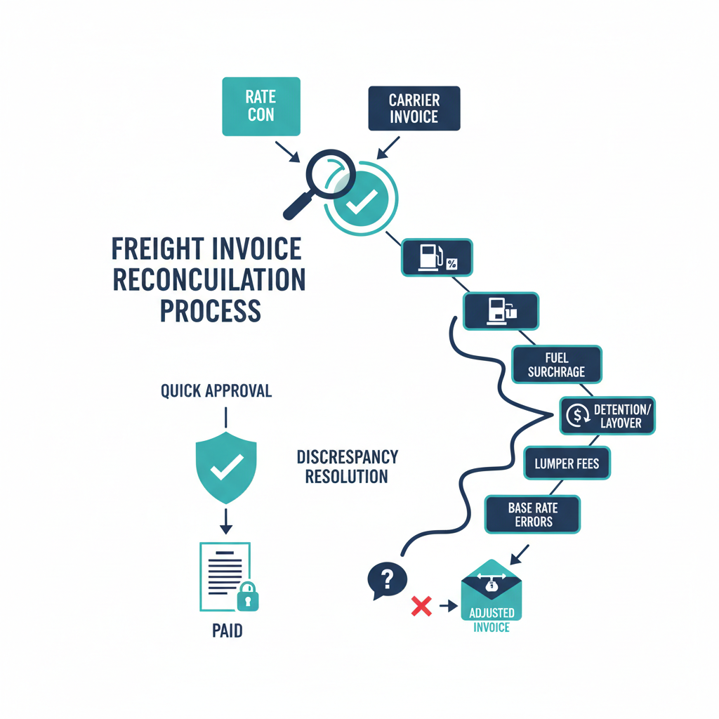 Freight logistics illustration showing invoice documents and carrier billing workflow