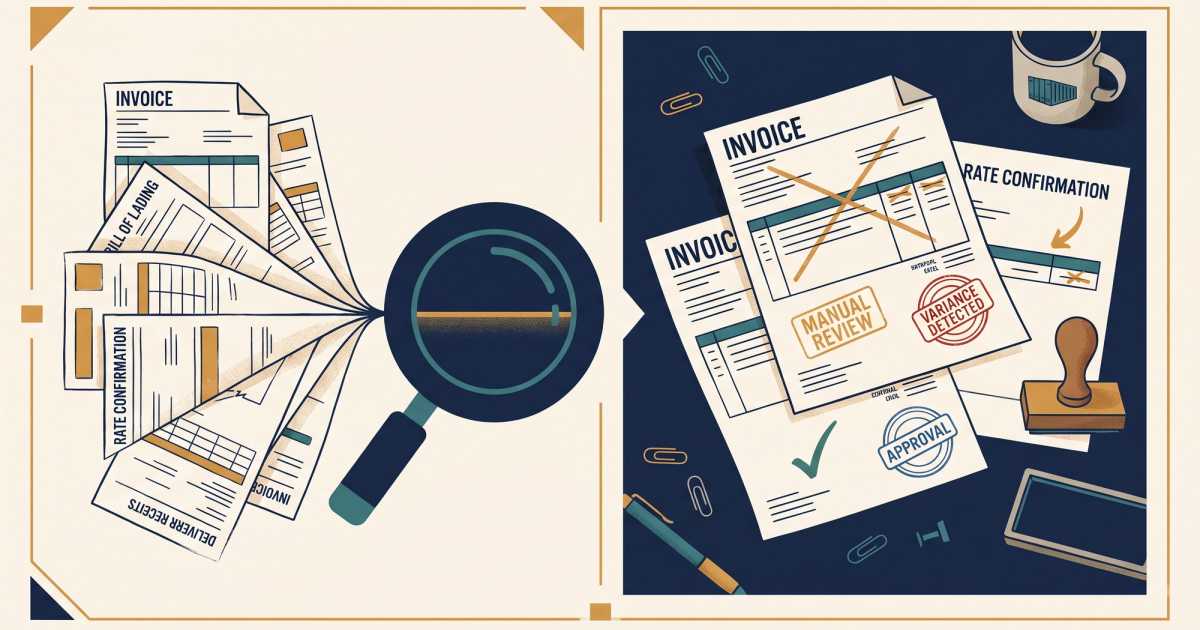 Freight logistics illustration showing document scanning workflow from BOLs and carrier invoices to automated data extraction