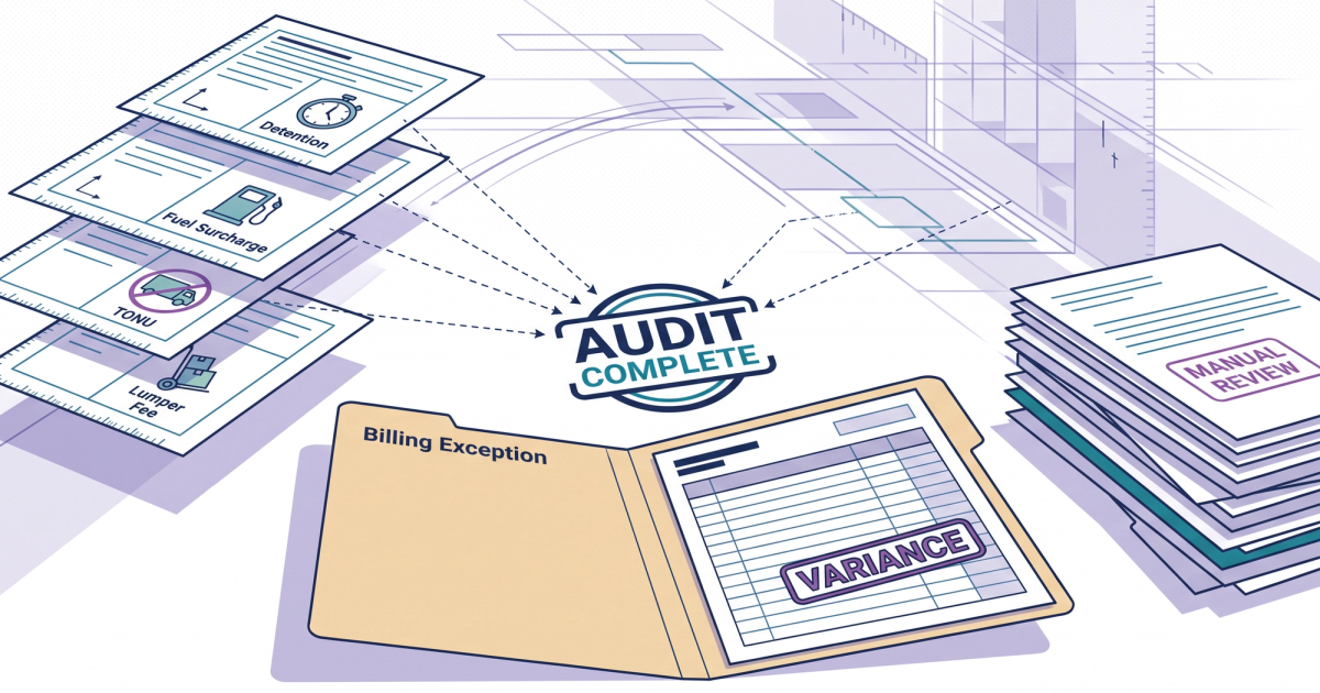 Freight logistics illustration showing carrier invoice flowing through dispute resolution software with flagged discrepancies