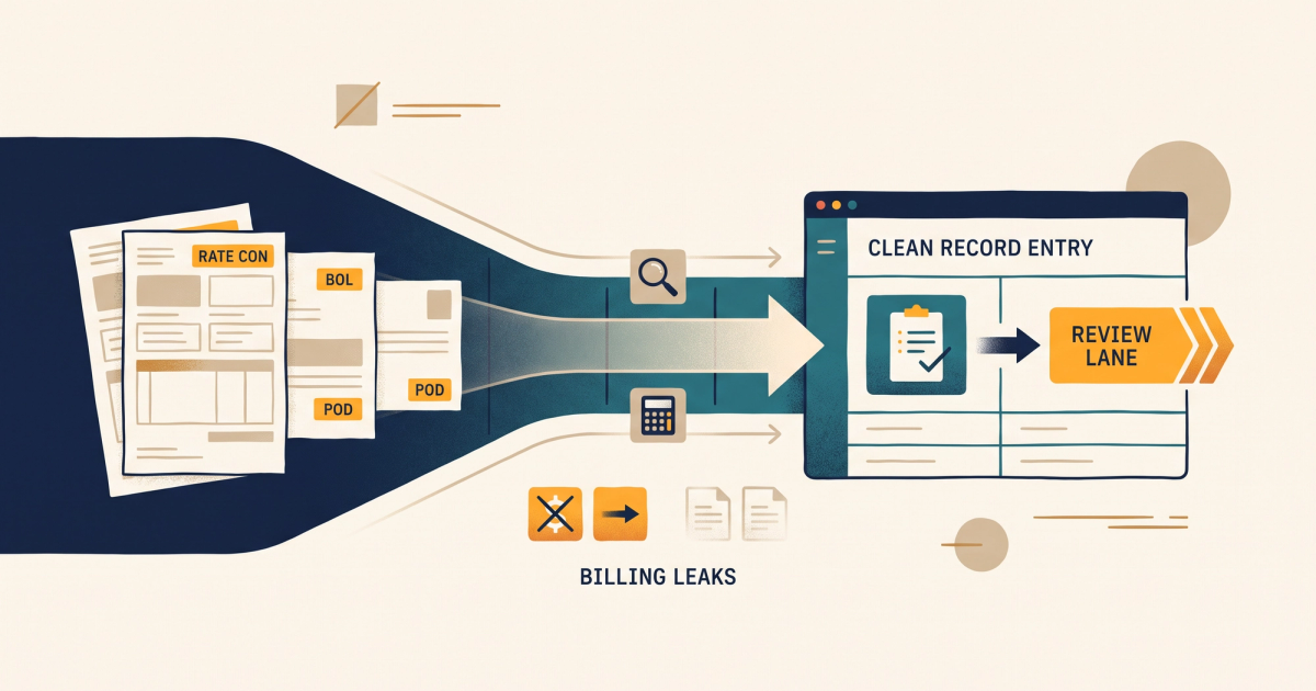 Illustration of freight logistics documents flowing from truck to broker back office