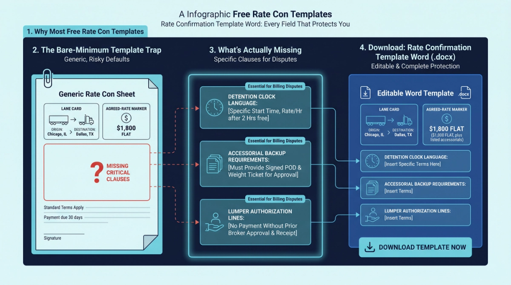 Diagram showing the key fields in a rate confirmation template and how they connect to invoice disputes