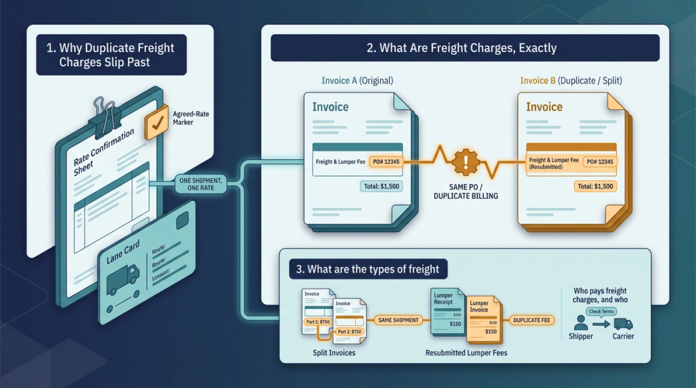 Diagram showing PO and BOL cross-reference matching logic that flags duplicate freight charges