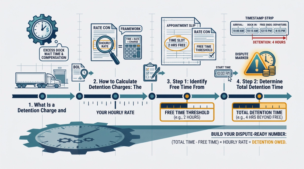 Diagram showing detention charge calculation formula with free time threshold and tiered billing rates