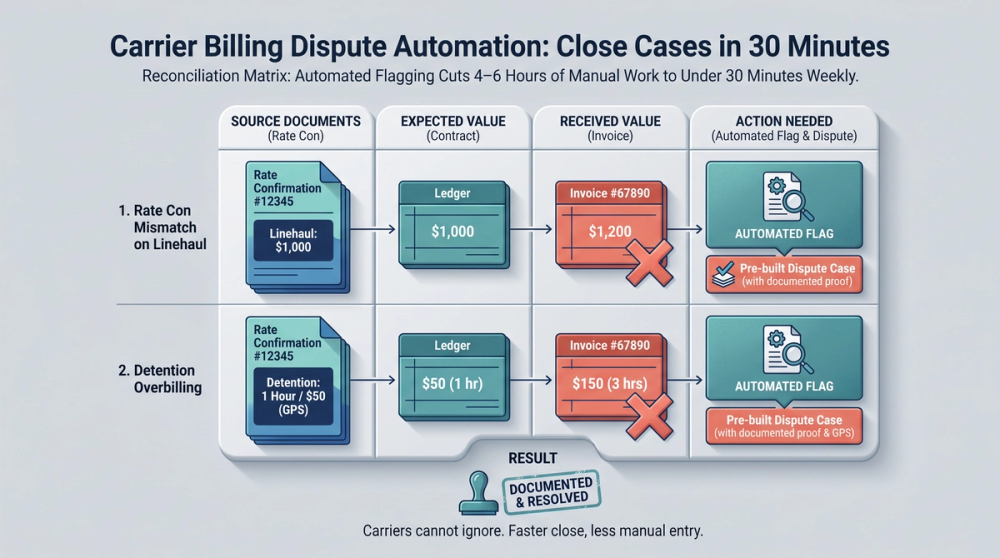 Diagram comparing manual versus automated carrier billing dispute timelines