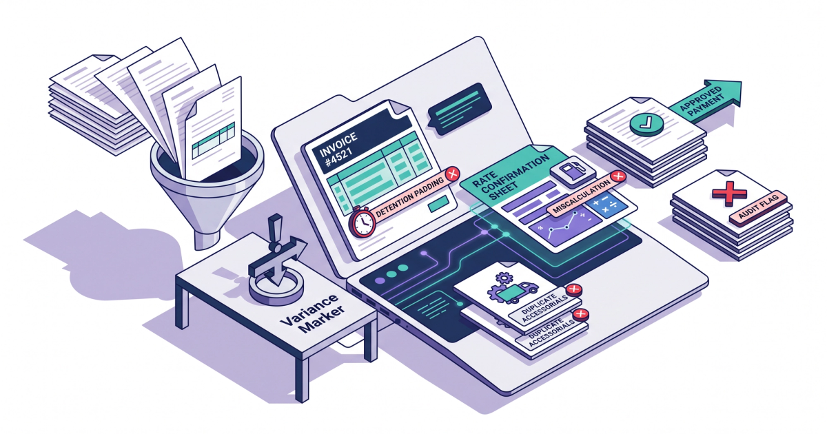 Freight logistics illustration showing carrier invoice audit workflow