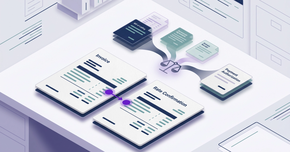 Freight logistics illustration showing invoice audit workflow between broker and carrier