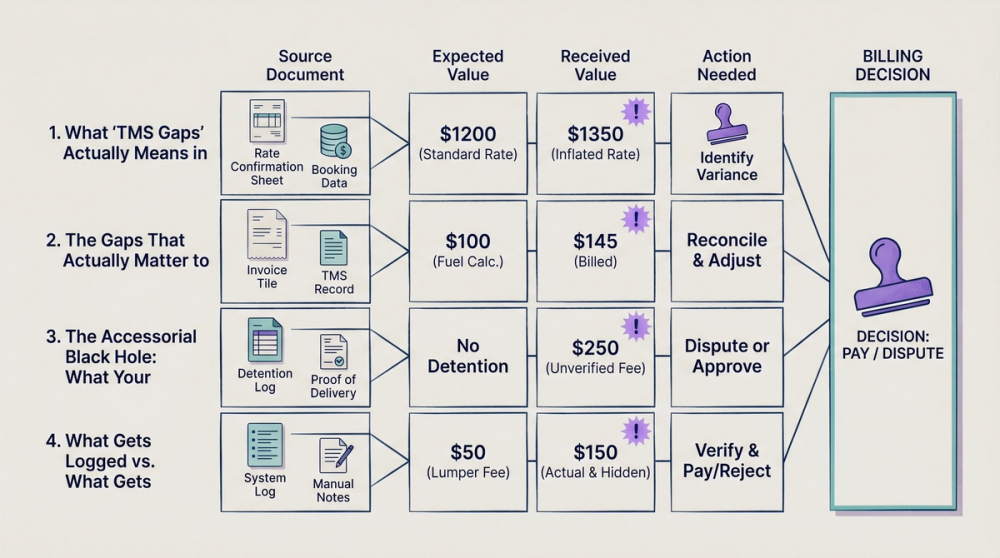 Diagram of freight billing workflow showing where TMS gaps allow carrier invoice errors to pass unchecked