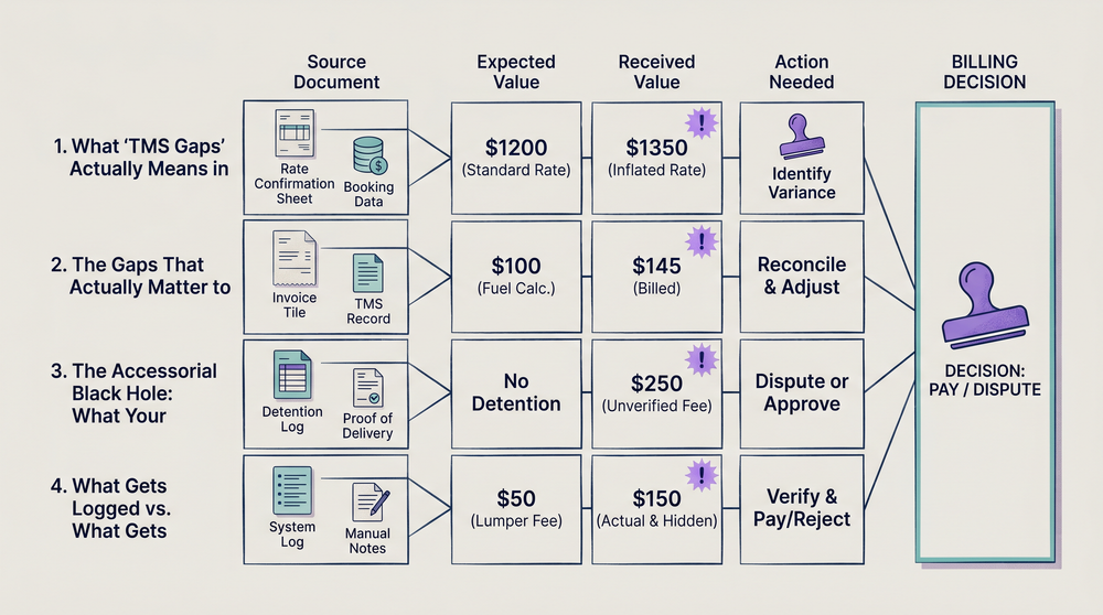 Diagram of freight billing workflow showing where TMS gaps allow carrier invoice errors to pass unchecked