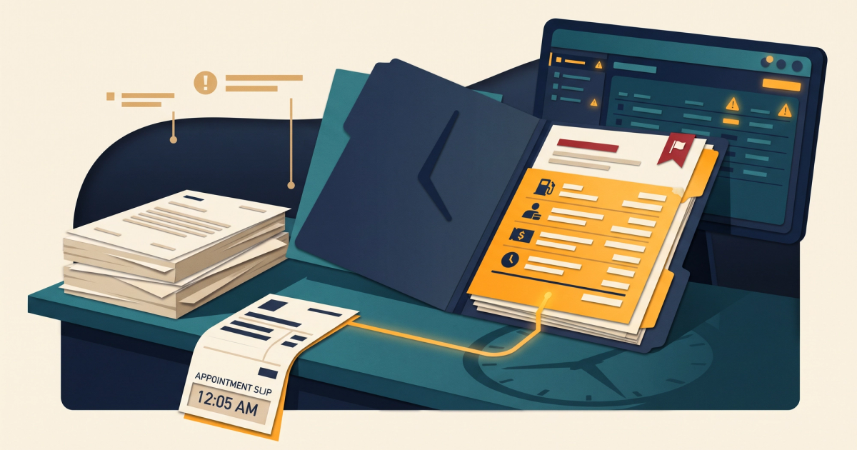 Freight logistics illustration showing a broker reviewing a carrier packet and rate confirmation for signs of freight fraud