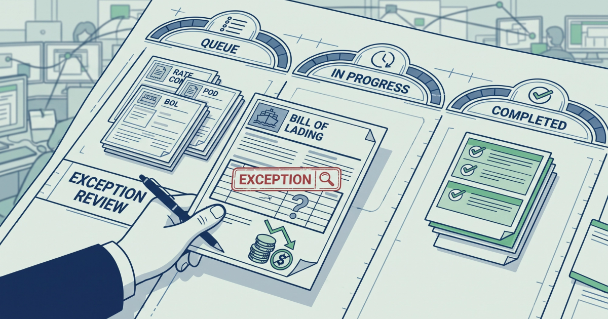 Freight logistics illustration showing BOL, POD, and rate confirmation documents flowing through a broker back office