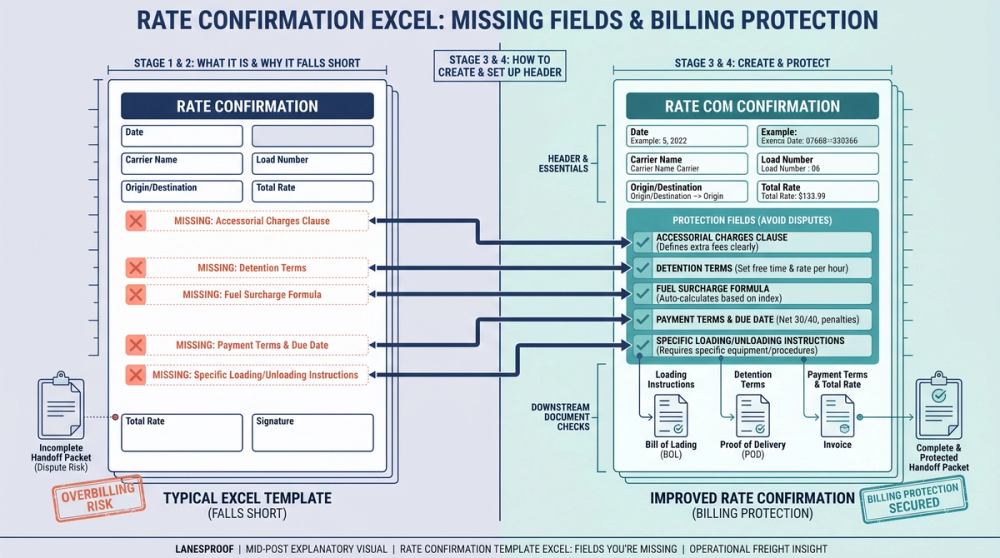 Diagram showing the six steps to create a complete rate confirmation in Excel
