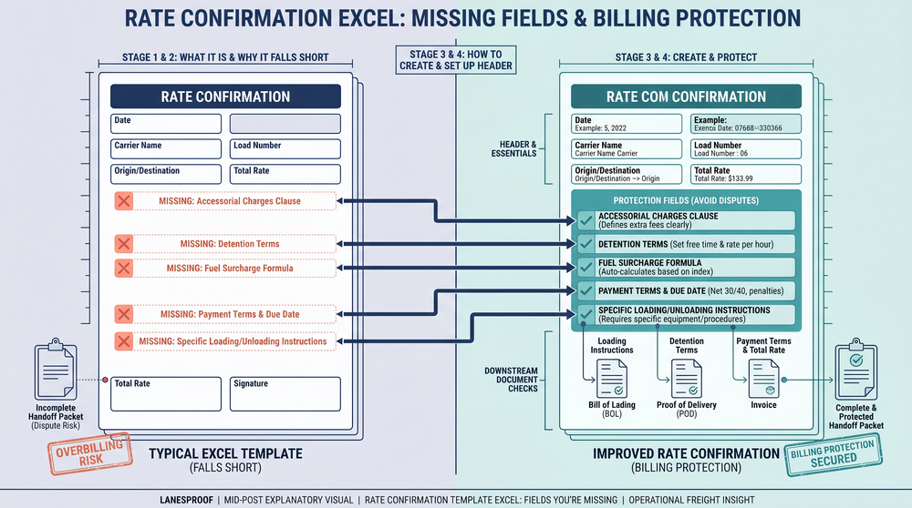 Diagram showing the six steps to create a complete rate confirmation in Excel