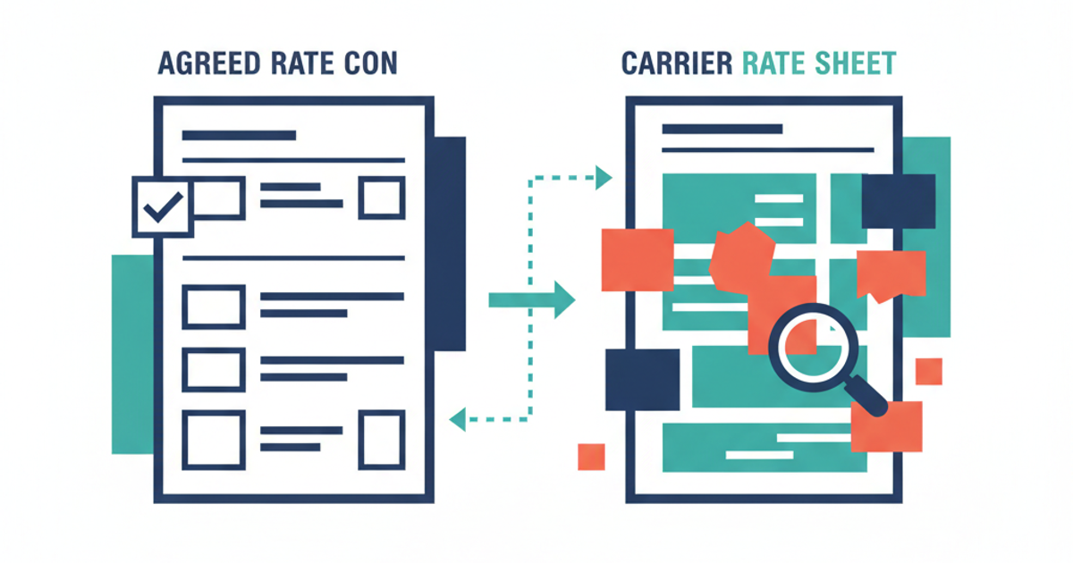 Freight logistics illustration showing carrier rate sheet review process