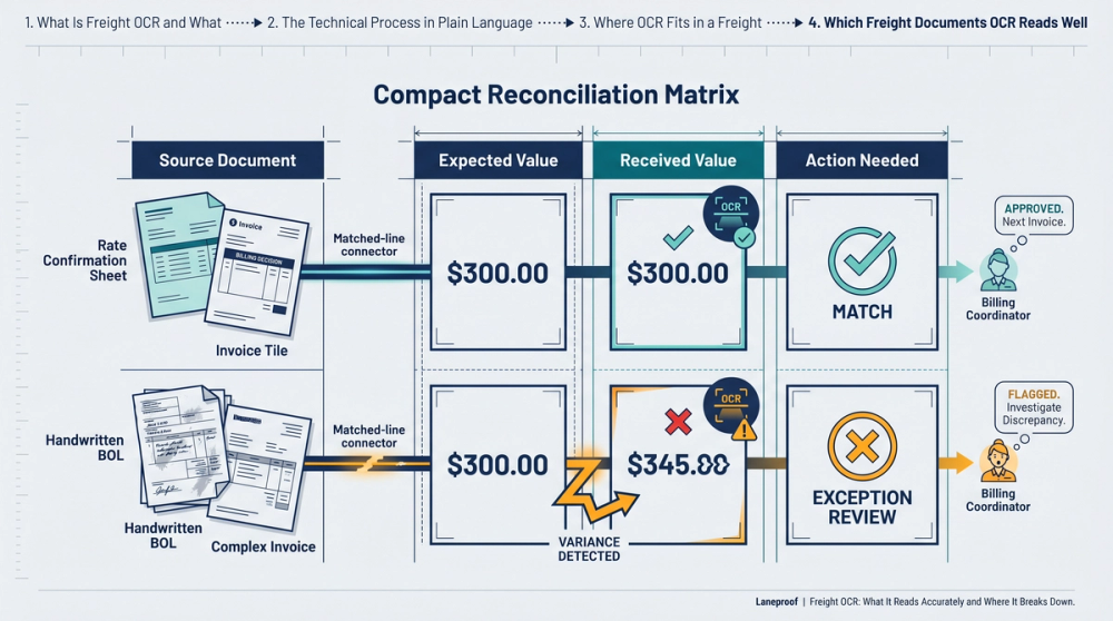Process diagram showing freight OCR accuracy rates across different document types including typed invoices, BOLs, and faxed PODs