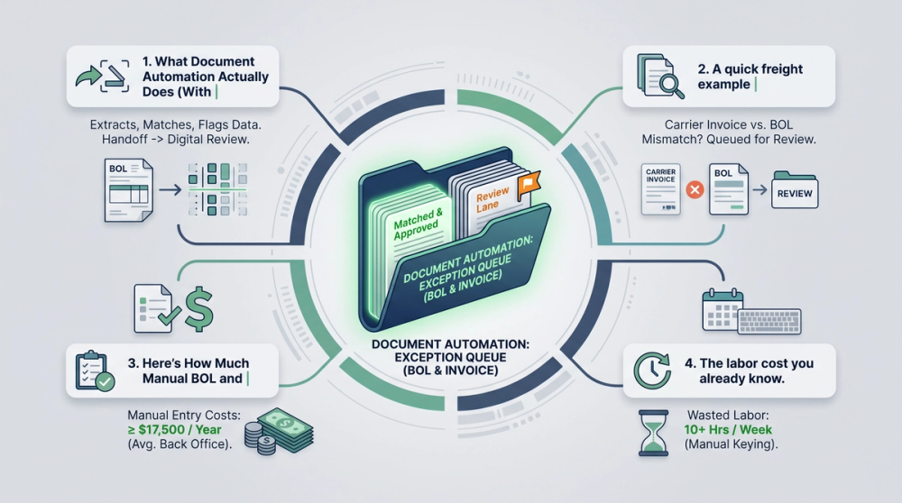 Step-by-step diagram showing how freight document automation extracts data from BOLs and invoices, matches it against rate confirmations, and pushes clean data into a TMS