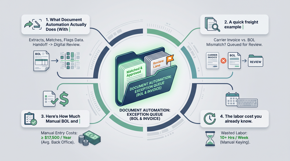 Step-by-step diagram showing how freight document automation extracts data from BOLs and invoices, matches it against rate confirmations, and pushes clean data into a TMS