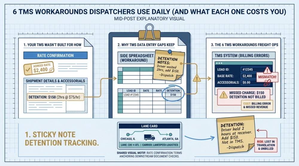 Diagram showing how manual TMS workarounds create downstream billing errors in freight operations