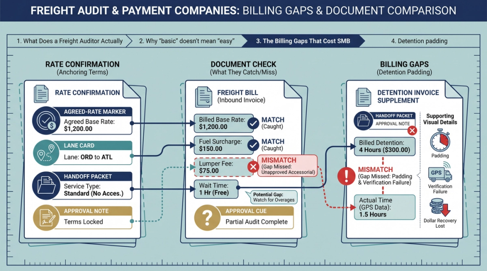 Step-by-step process diagram showing how to audit freight bills from rate confirmation through payment