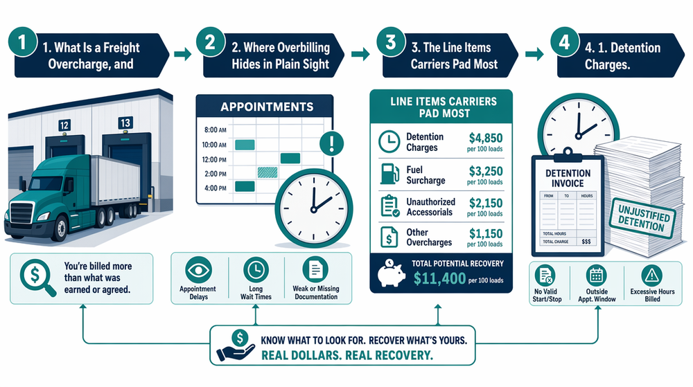 Step-by-step dispute workflow diagram from rate con mismatch to recovered funds