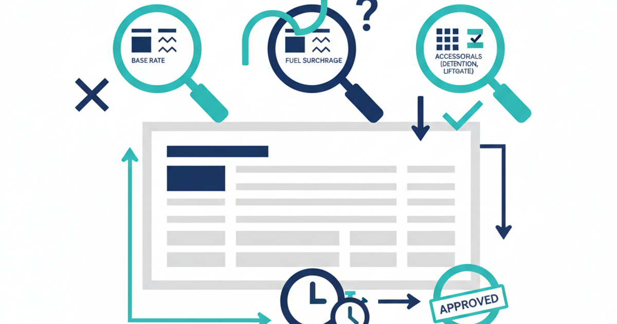 Freight logistics illustration showing invoice documents being compared against rate confirmations and bills of lading