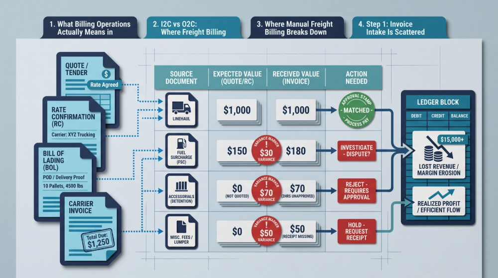 Diagram of a freight invoice workflow from load delivery to payment with common error points highlighted