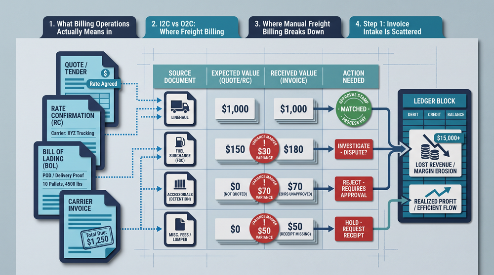 Diagram of a freight invoice workflow from load delivery to payment with common error points highlighted