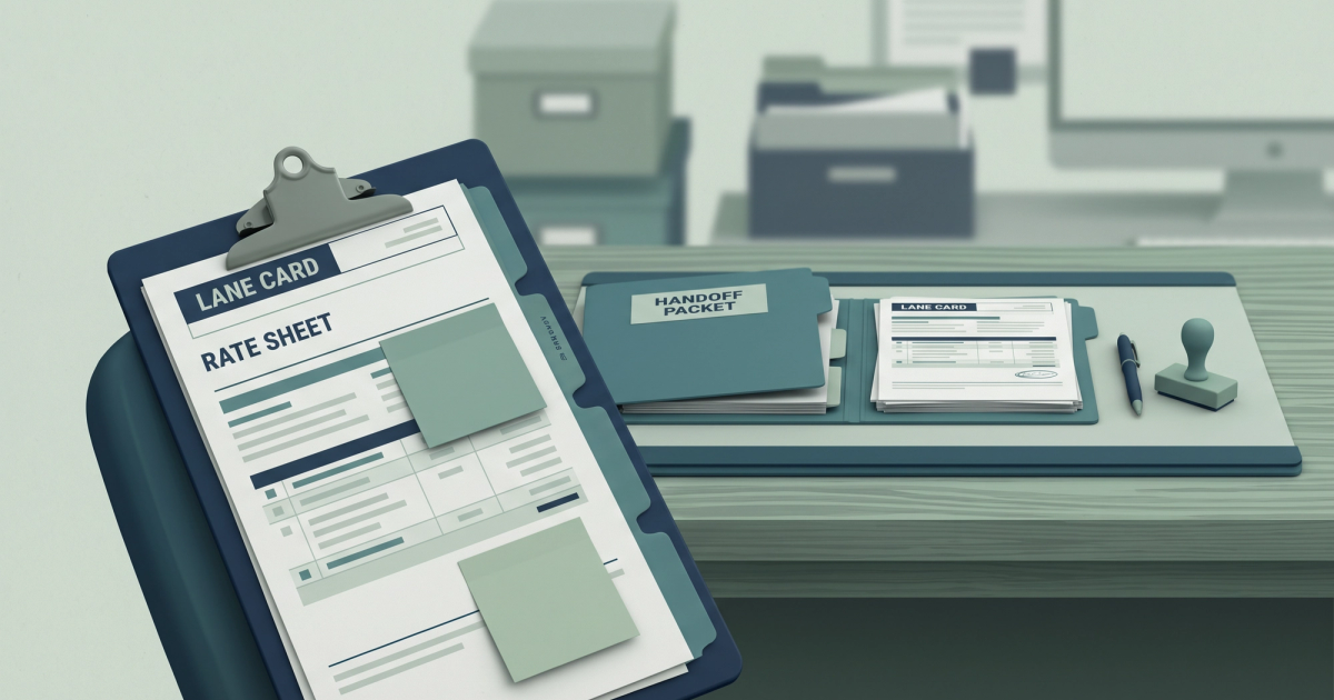 Freight broker reviewing lumper service documentation and carrier invoices at a desk