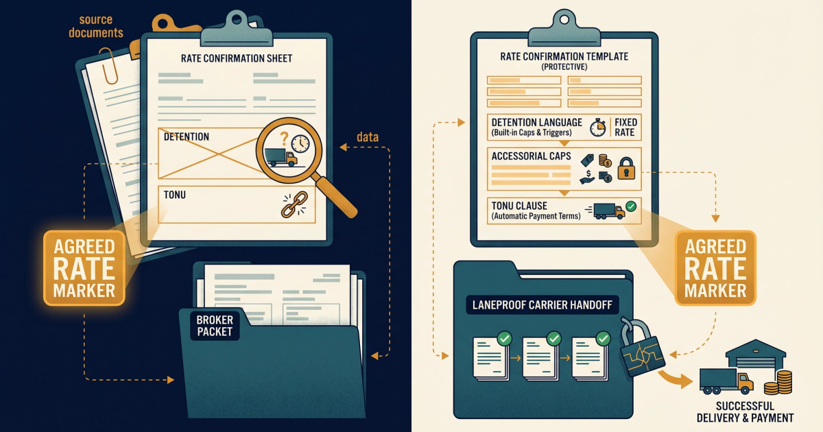 Freight broker reviewing a rate confirmation template with highlighted fields for detention, accessorial, and TONU language