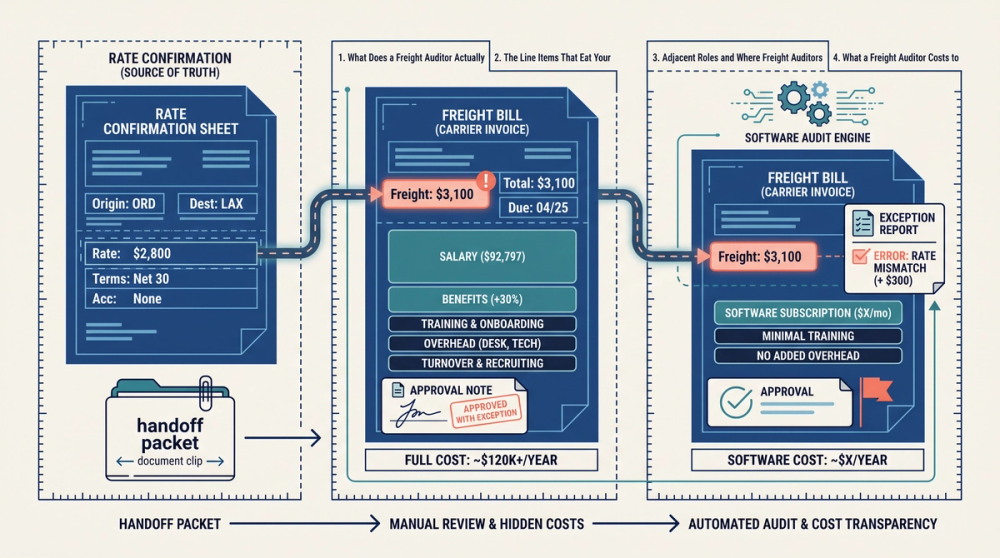 Side-by-side cost comparison diagram of in-house freight auditor, outsourced audit firm, and software audit tool monthly expenses