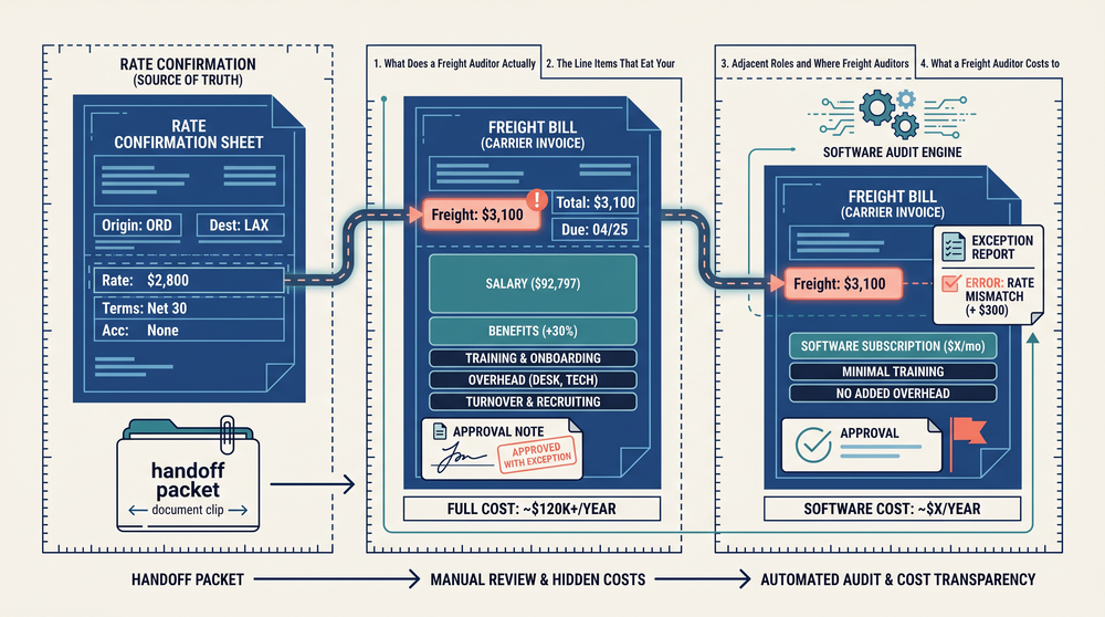 Side-by-side cost comparison diagram of in-house freight auditor, outsourced audit firm, and software audit tool monthly expenses