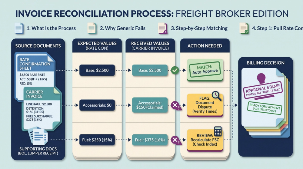 Step-by-step diagram of the freight invoice reconciliation process from rate con to payment