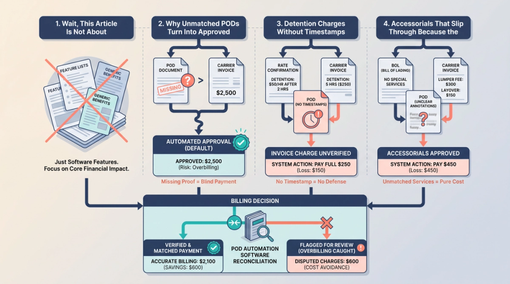 Diagram of automated POD matching process connecting rate cons, BOLs, and carrier invoices for freight brokers