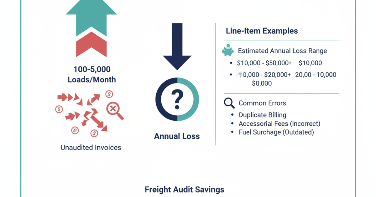 Freight logistics illustration showing invoice documents and shipping containers representing small broker audit savings