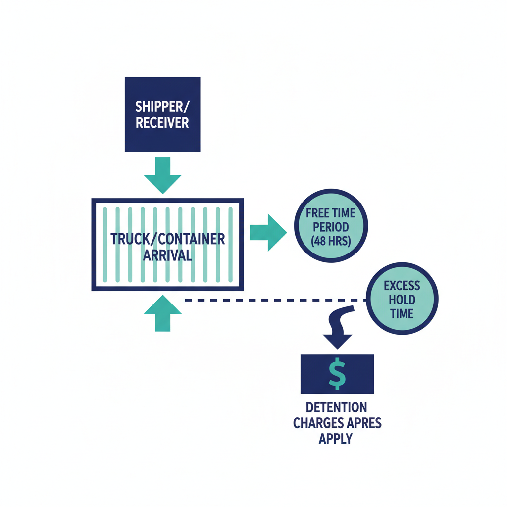 Timeline diagram showing how detention charges accrue hour by hour from driver arrival through departure