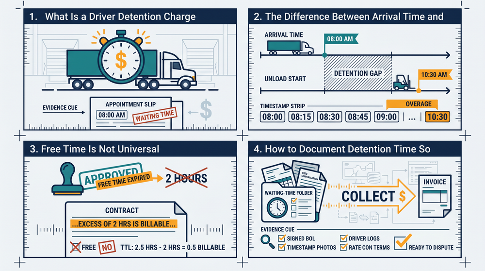 Step-by-step diagram showing how to calculate billable detention hours from arrival to release