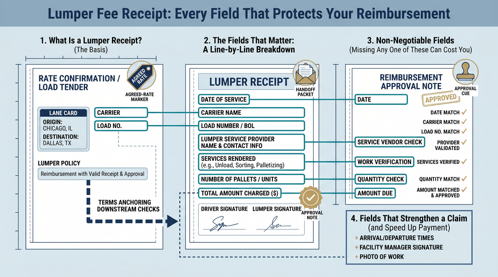 Side-by-side comparison diagram of a complete lumper receipt versus an incomplete one with missing fields highlighted
