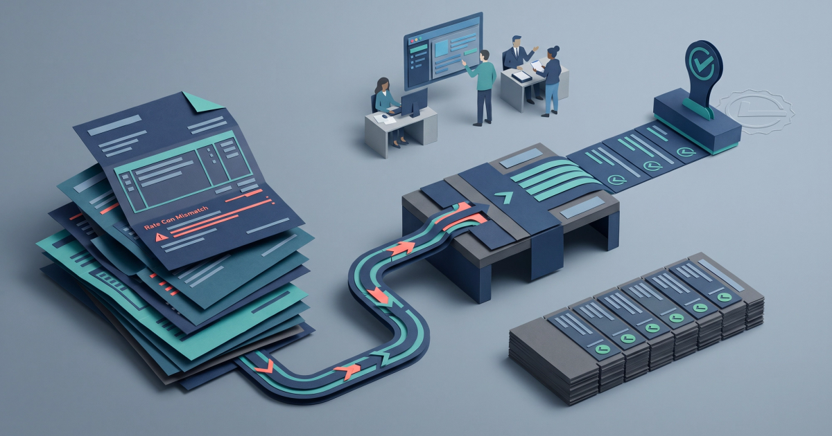 Freight logistics illustration showing carrier invoice audit and dispute workflow