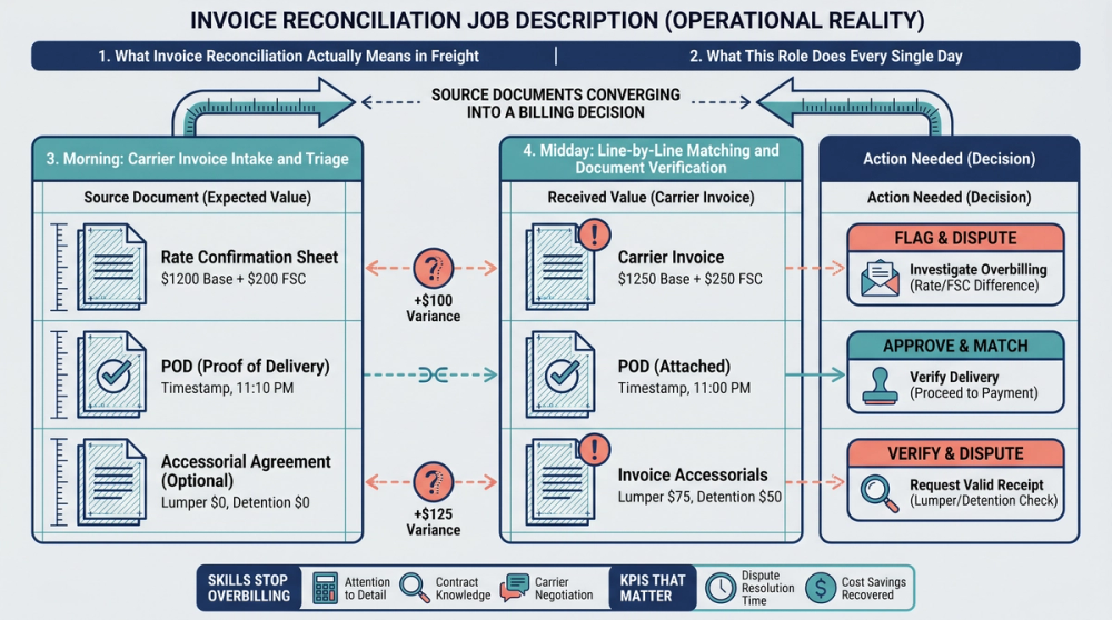 Five-step freight invoice reconciliation process diagram showing document matching workflow