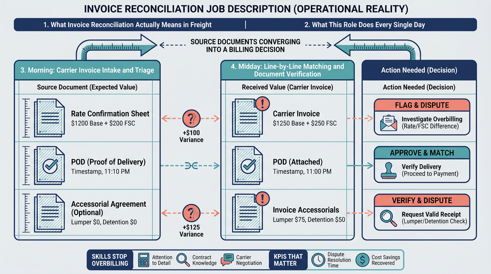 Five-step freight invoice reconciliation process diagram showing document matching workflow