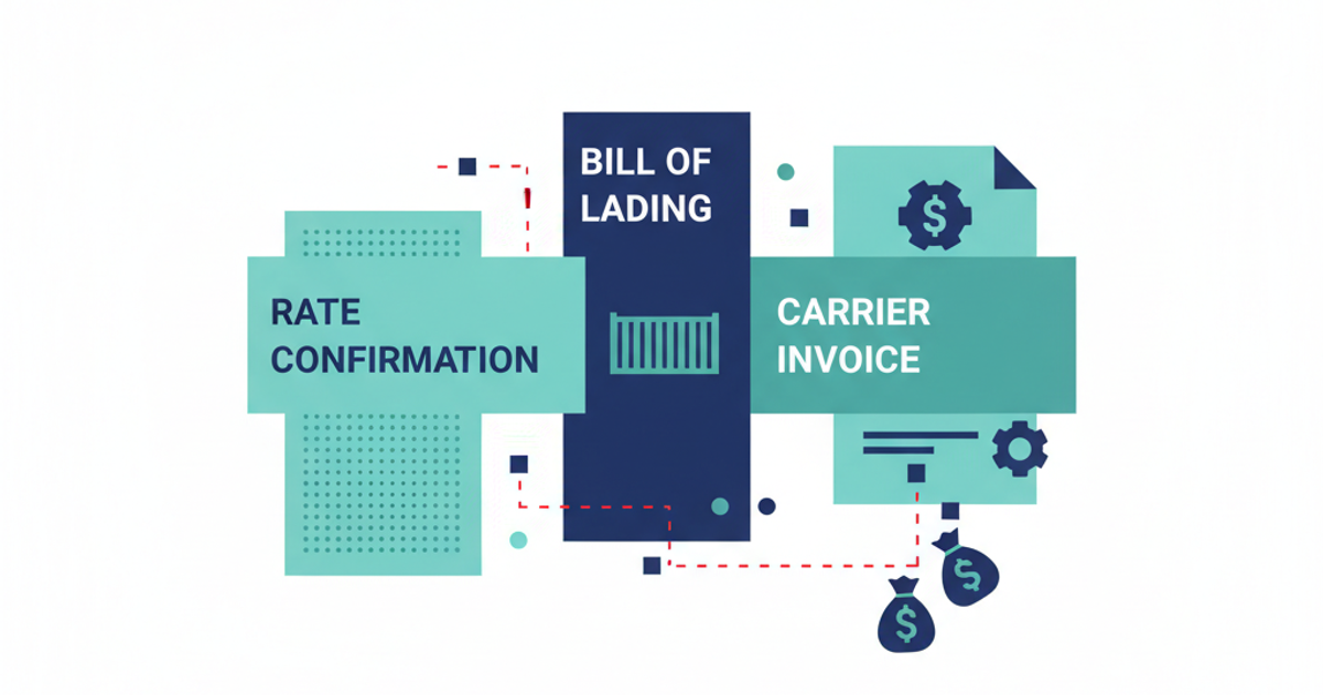 Freight invoice matching process comparing rate confirmation, BOL, and carrier invoice documents