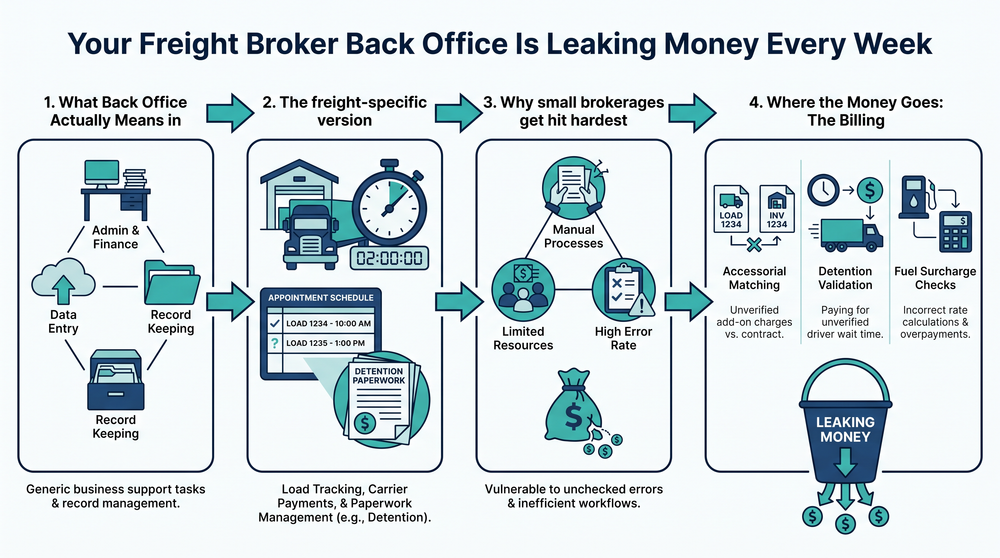 Diagram of a fixed freight broker back office billing process from rate con to carrier payment
