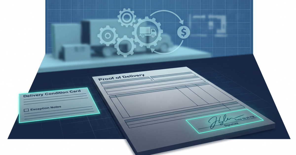 Freight logistics illustration showing proof of delivery documents and carrier invoice workflow